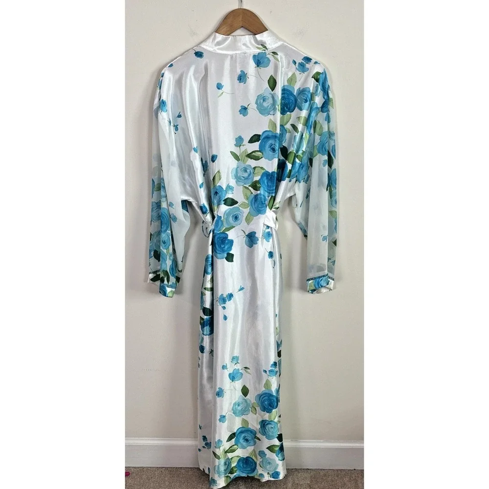 Vtg California‎ Dynasty Womens Robe Sz L Satin Floral Long White Blue Tie